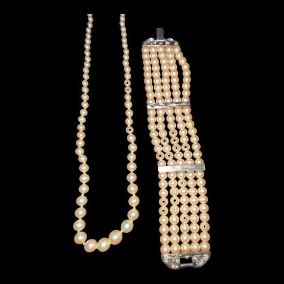 Pearl Glass Bead Necklace Bracelet Set Rhinestones Vintage - Picture 8 of 11